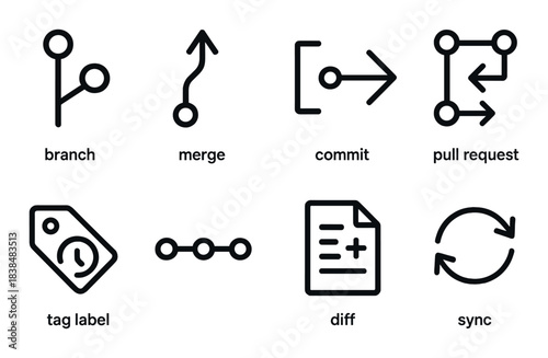 Git symbol set featuring branch, merge, commit, and pull request icons
