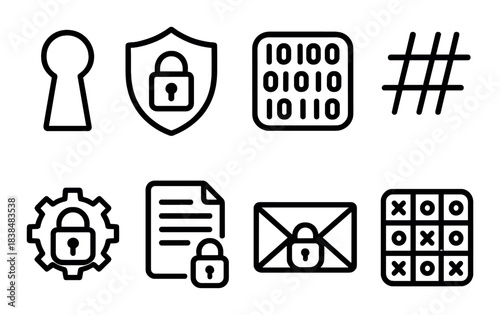 Security icons set featuring lock, shield, keyhole, binary code, and secure email