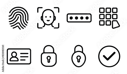 Security icons: fingerprint, facial recognition, password, keypad, id, lock, verification
