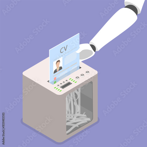 3D Isometric Flat Vector Illustration of AI HR, Robot Hand Using Paper Shredder To Destroy Job Application