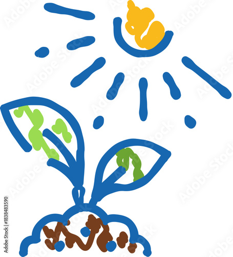 Plant seedling growing under sun light icon doodle