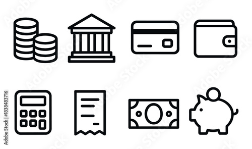 Financial icons: banking, credit card, wallet, calculator, receipt, money, savings