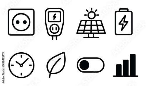 Energy icons: solar, battery, plug, leaf, clock, bar graph, toggle switch