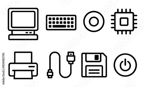 Retro technology icons: computer, keyboard, cd, chip, printer, cable, floppy disk, power button
