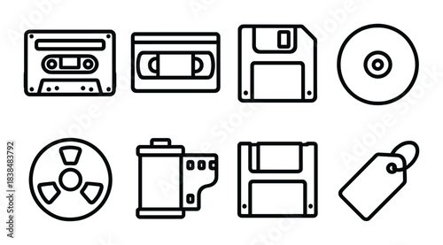 Retro media icons: cassette, vhs, floppy disk, cd, reel, film, tag illustration