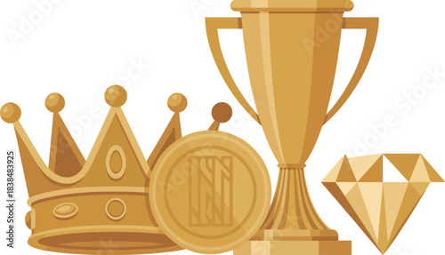 Collection of golden reward and success items: a crown, a medal, a trophy cup, and a sparkling diamond