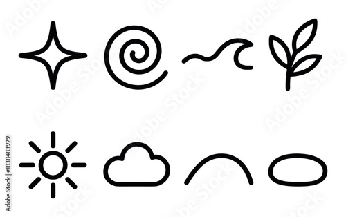 Minimalist black icons of nature and weather elements on dark background