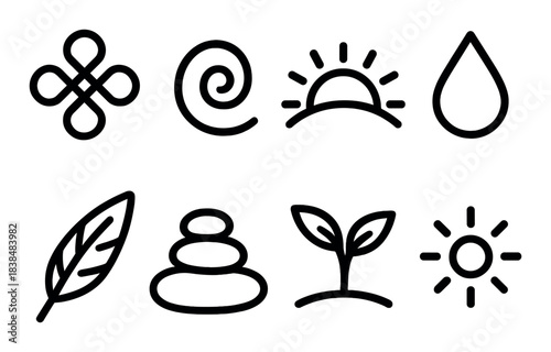 Collection of minimalist nature icons: leaf, sun, water, and more