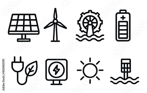 Simplified icons of renewable energy sources on dark background