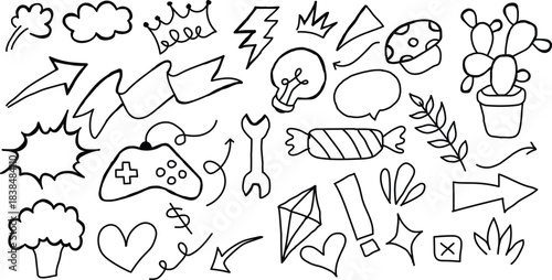 Assorted Doodle Icons and Elements arrows clouds