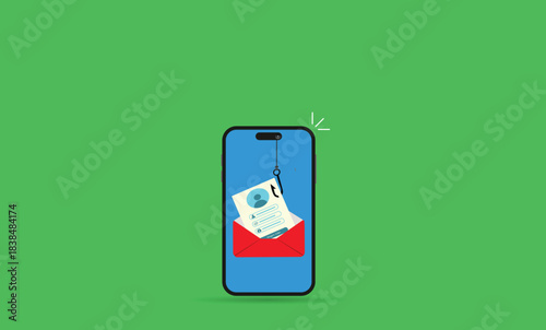  Phishing attack.Hooked login form pulled from an open envelope by a fishhook, symbolizing hacker credential theft and deceptive phishing email.
