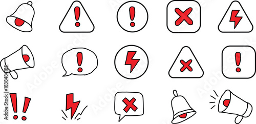 Hand Drawn Warning And Alert Icons In Red And Black