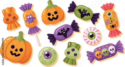 Collection of various colorful Halloween candies including pumpkins, wrapped sweets, and eyeball designs