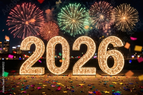 Festive New Year celebration setup featuring large illuminated “2026” numbers
