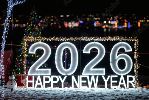 Festive New Year celebration setup featuring large illuminated “2026” numbers