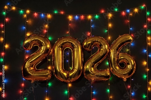 Festive New Year scene featuring large golden balloon numbers forming “2026,” surrounded by gold and silver balloons and falling confetti. The dark backdrop and shimmering details create a celebratory