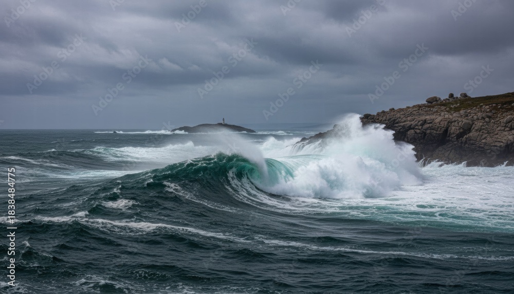 Fototapeta premium Dramatic ocean waves crashing against rocky coastline under cloudy sky 