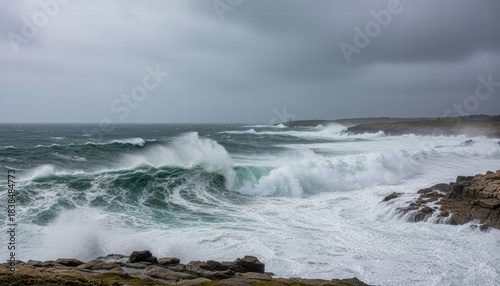 Stormy ocean waves crashing against rocky shore under gray sky  