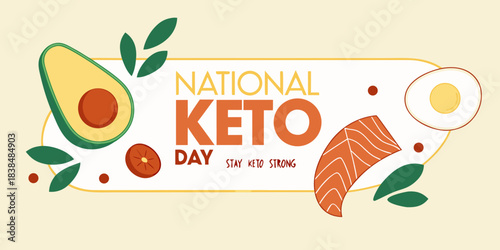 National Keto Day Concept: Keto Diet Food Elements with Avocado, Eggs, and Salmon