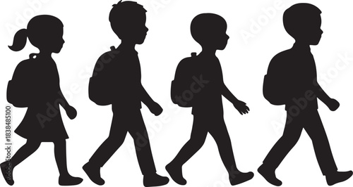 vector silhouettes of backpack kids walking
