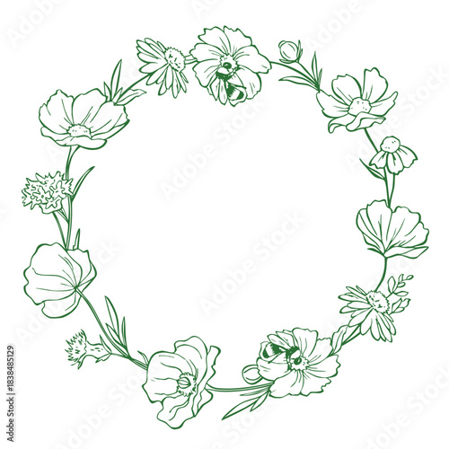 Elegant floral circular wreath. Delicate designs with flowers and leaves