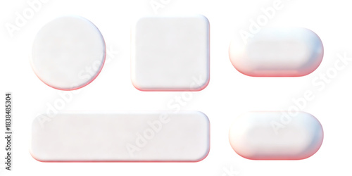 Collection of five minimalist soft white 3D geometric shapes isolated on a transparent background