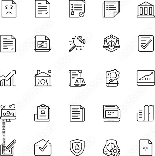 Compliance web icons in line style. Regulations, policy, legal document, quality control, responsibility, law.
