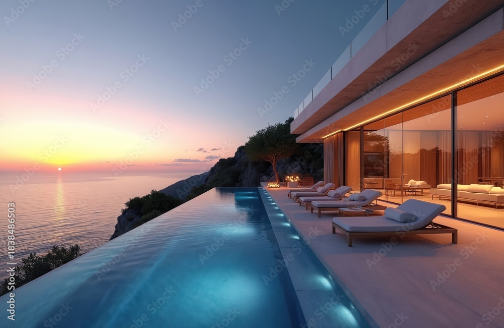 Fototapeta premium Modern luxury villa with infinity pool beside cliff overlooking ocean at sunset. Contemporary architecture offers expansive sea views, plush lounge chairs invite relaxation on terrace. Elegant home