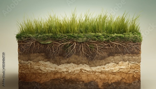 Cross-Section Of Grass, Earth, And Roots: Green Grass With Earth Cutaway Showing Layers Of Soil And Roots On A Summer Day.