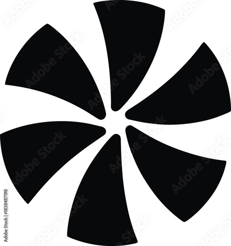 Minimalist Black Silhouette Vector of a Symmetrical 6-Blade Abstract Shape: Resembling a Propeller, Fan, or Geometric Flower Icon for Clean and Modern Design Elements.