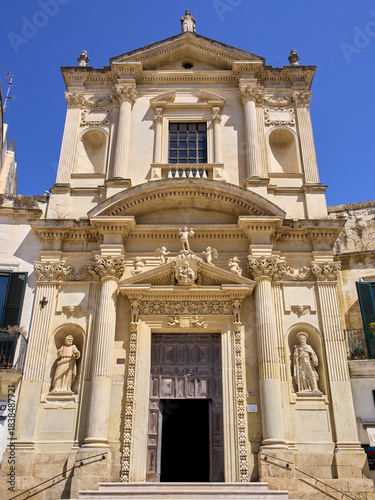 Facade of the Church of Saint Mary of Grace, Chiesa di Santa Maria della Grazia in Italian. Piazza Sant'Oronzo, Lecce, Salento, Apulia, Puglia, Italy, Europe