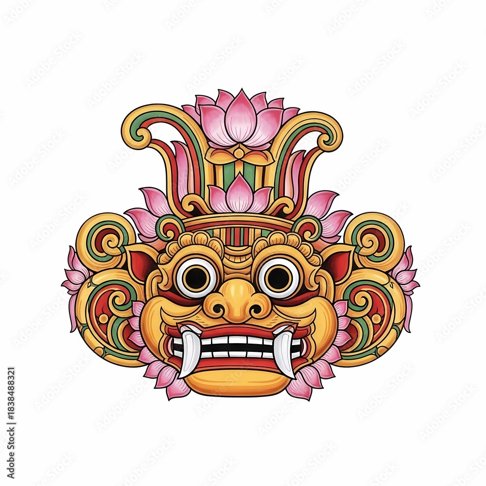Obraz premium Vibrant Balinese Barong mask artwork bursts with cultural energy, showcasing intricate details and powerful symbolism for unique decorative or artistic projects.