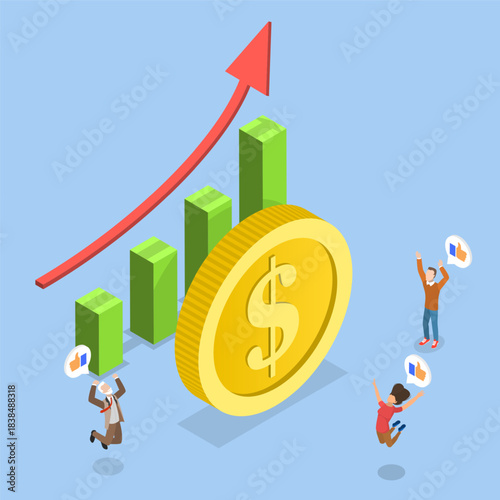 3D Isometric Flat Vector Illustration of Salary Increase, Money Symbol With Upward Arrow Signifying Increase In Dollar Price