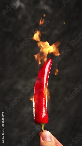 Red chili pepper burning with flames on dark background
