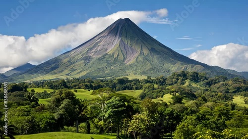 A stunning view showcases an impressive volcano surrounded by vibrant green nature and fluffy clouds under a clear blue sky