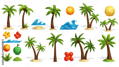 Tropical elements set with palm trees and flowers white