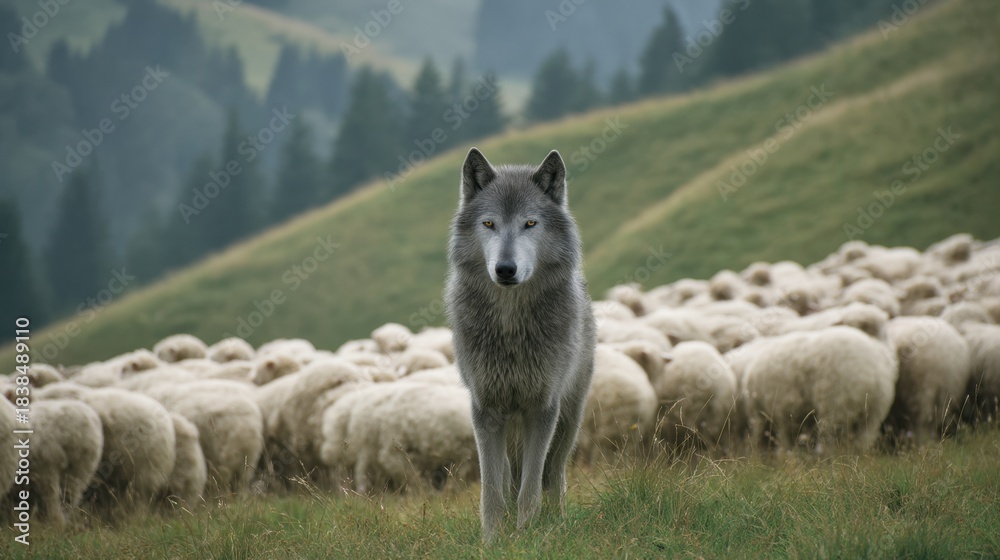 Obraz premium A wolf stands in front of a flock of sheep in a green valley. The scene takes place in the early morning light. Mountains and trees fill the background.