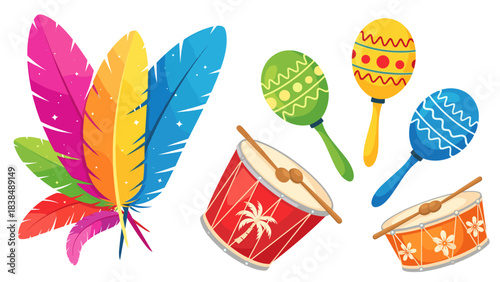 Colorful carnival instruments and feathers white
