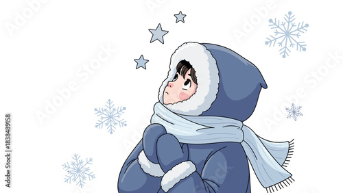 Child in winter clothing looking at stars, white