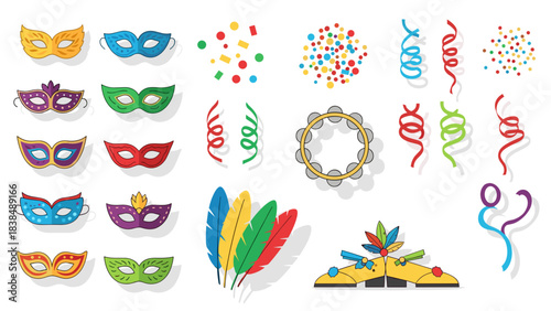 Colorful party masks and decorations white