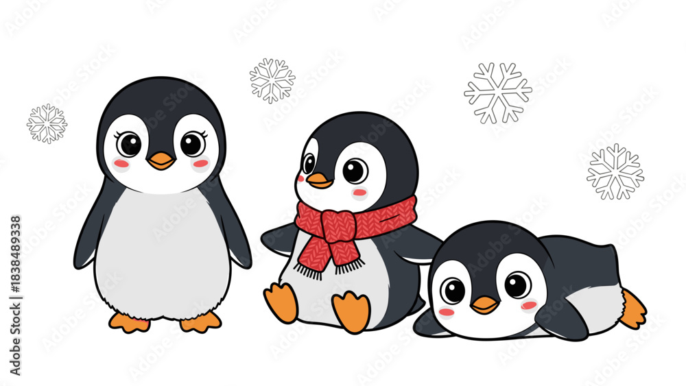 Obraz premium Cute cartoon penguins with snowflakes