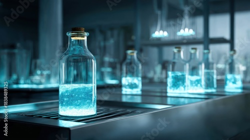 Glowing liquid bottles in scientific lab