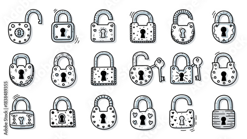 Handdrawn padlocks collection white