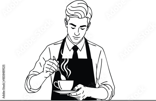 Barista stirring hot coffee in a cup, professional cafe worker Vector