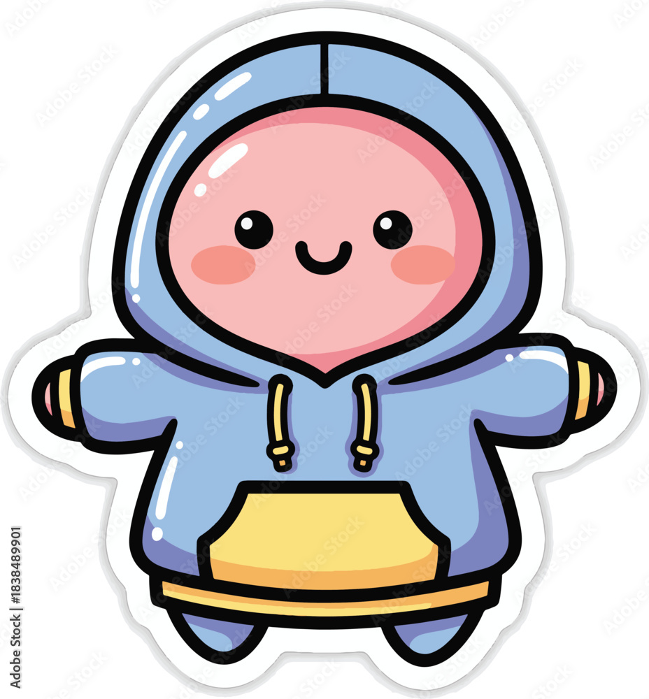 Obraz premium Adorable Kawaii Character in a Blue Hoodie with Yellow Trim, Cute and Cozy Design