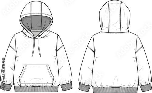 Hooded sweatshirt technical sketch, front and back view, kangaroo pocket, ribbed cuffs, drawstring hood, fashion flat, garment blueprint