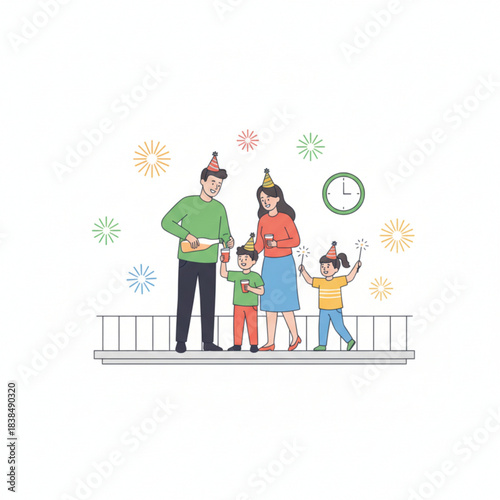 Parents and kids enjoy New Year’s Eve on the balcony with drinks, sparklers, and colorful fireworks.