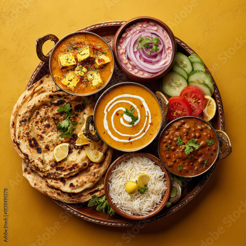 Delicious indian thali featuring a variety of flavorful dishes served on a round wooden platter