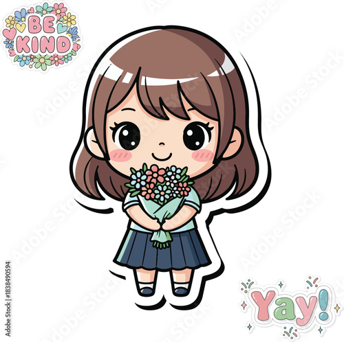 A cute anime-style illustration of a cheerful schoolgirl holding a vibrant flower bouquet, a sweet gesture symbolizing appreciation, happiness, and kindness