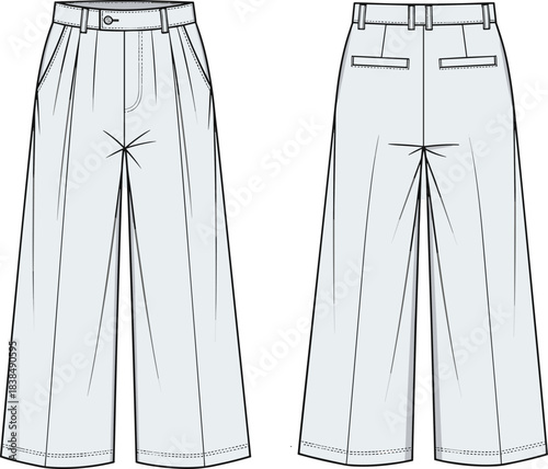 Wide leg trousers technical sketch, fashion illustration, pleated front, slanted pockets, high waist design, front and back view, garment blueprint